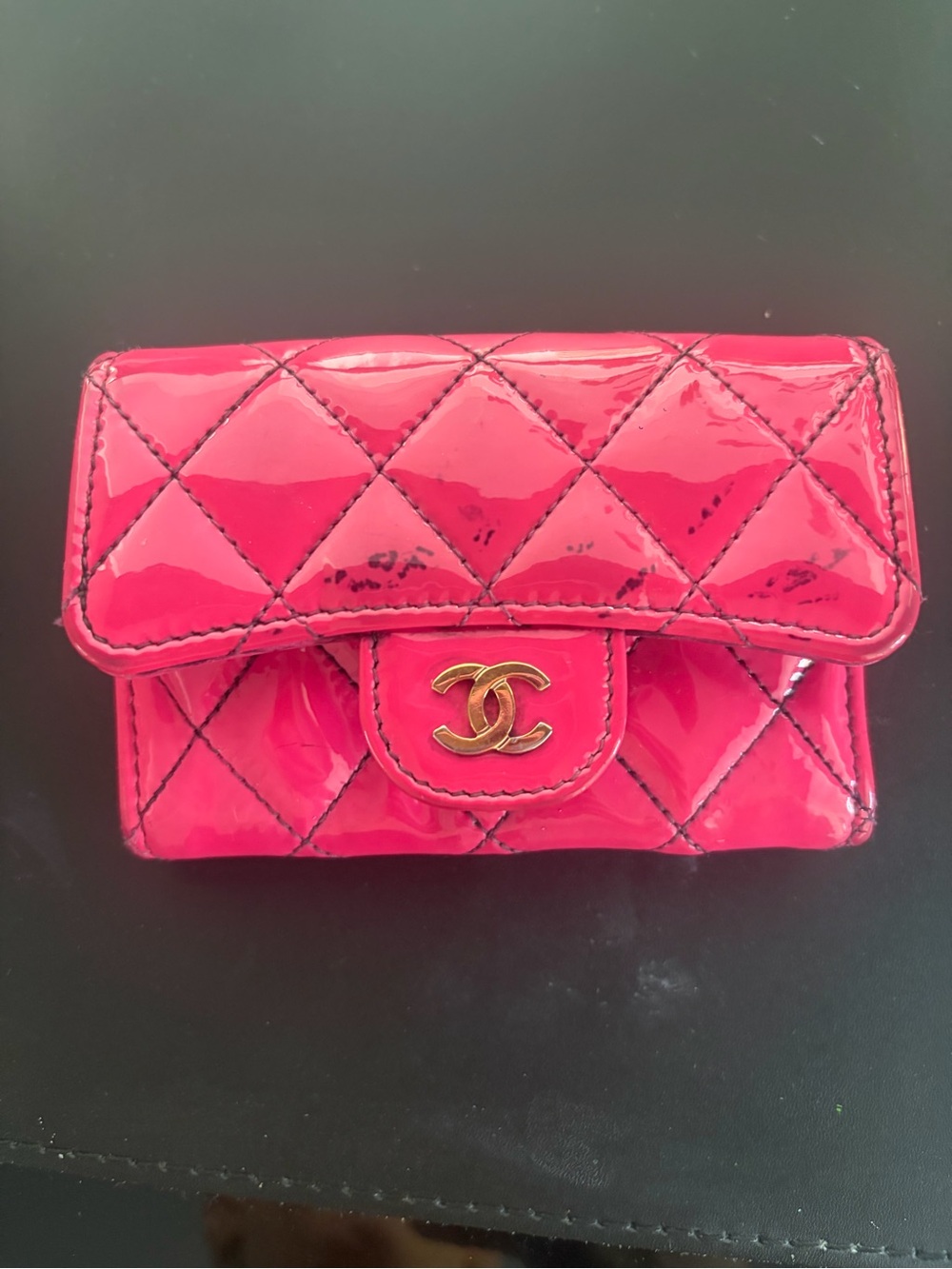 CHANEL Hot Pink Quilted Patent Mini Wallet with Gold CC